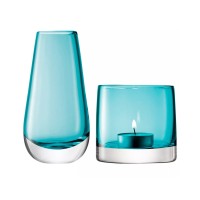 LSA International Peacock Flower & LIght Colour Glass Vase & Tea Light Holder Set