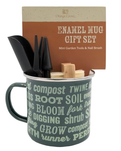 Orange Grove Mini Garden Tools & Dark Green Enamel Mug Gardening Gift Set image