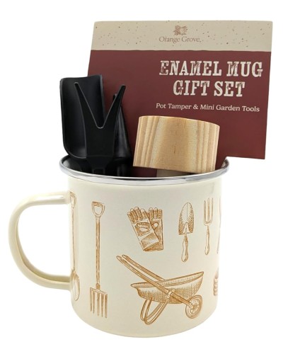 Showing image for Orange Grove Mini Garden Tools Cream Enamel Mug Gardening Gift Set Orange Grove Mini Garden Tools Cream Enamel Mug Gardening Gift Set image
