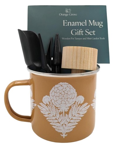 Showing image for Orange Grove Mini Garden Tools Mustard Flowers Enamel Mug Gardening Gift Set Orange Grove Mini Garden Tools Mustard Flowers Enamel Mug Gardening Gift Set image