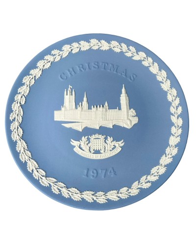 Wedgwood The Houses of Parliament White on Blue Jasperware Christmas Plate 1974 image