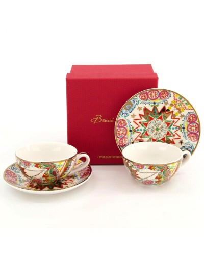 Baci Milano Cosy Xmas Gold Tone Gilded Multicoloured cups and saucers 4 pce set Tableware, Homewares, Christmas All, Christmas Decorations, Christmas Gifts, Baci Milano image